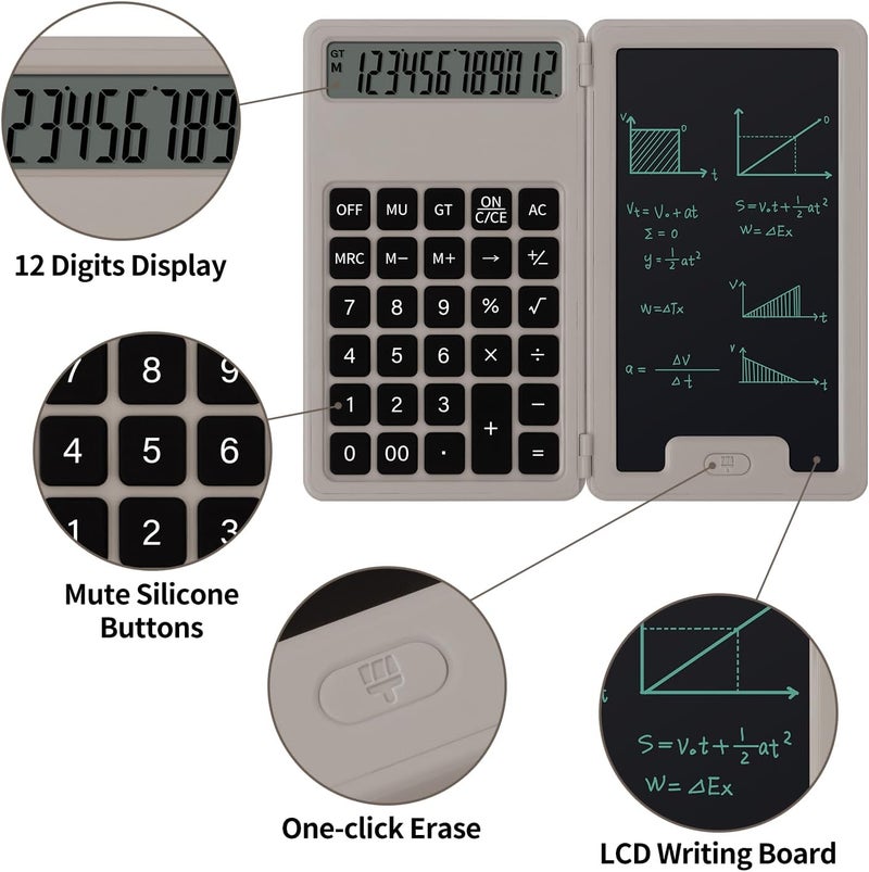 Pidada Desk Portable Basic Calculator, Small Mini Calculators with Writing Notepad and Stylus, More Lightweight and Portable, 12Digit Large Display Multi-Function for Office, School, Home & Financial (Khaki) - Image 3